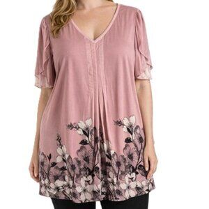Valolia Top Womens XL Dusty Rose Pink Tunic Floral Short Sleeve Sheer Lined NWT